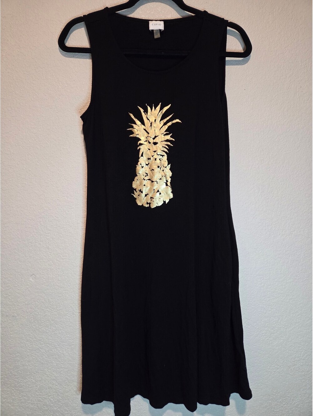 Cupio Black Sleeveless Dress with Gold Pineapple Design, Size Large